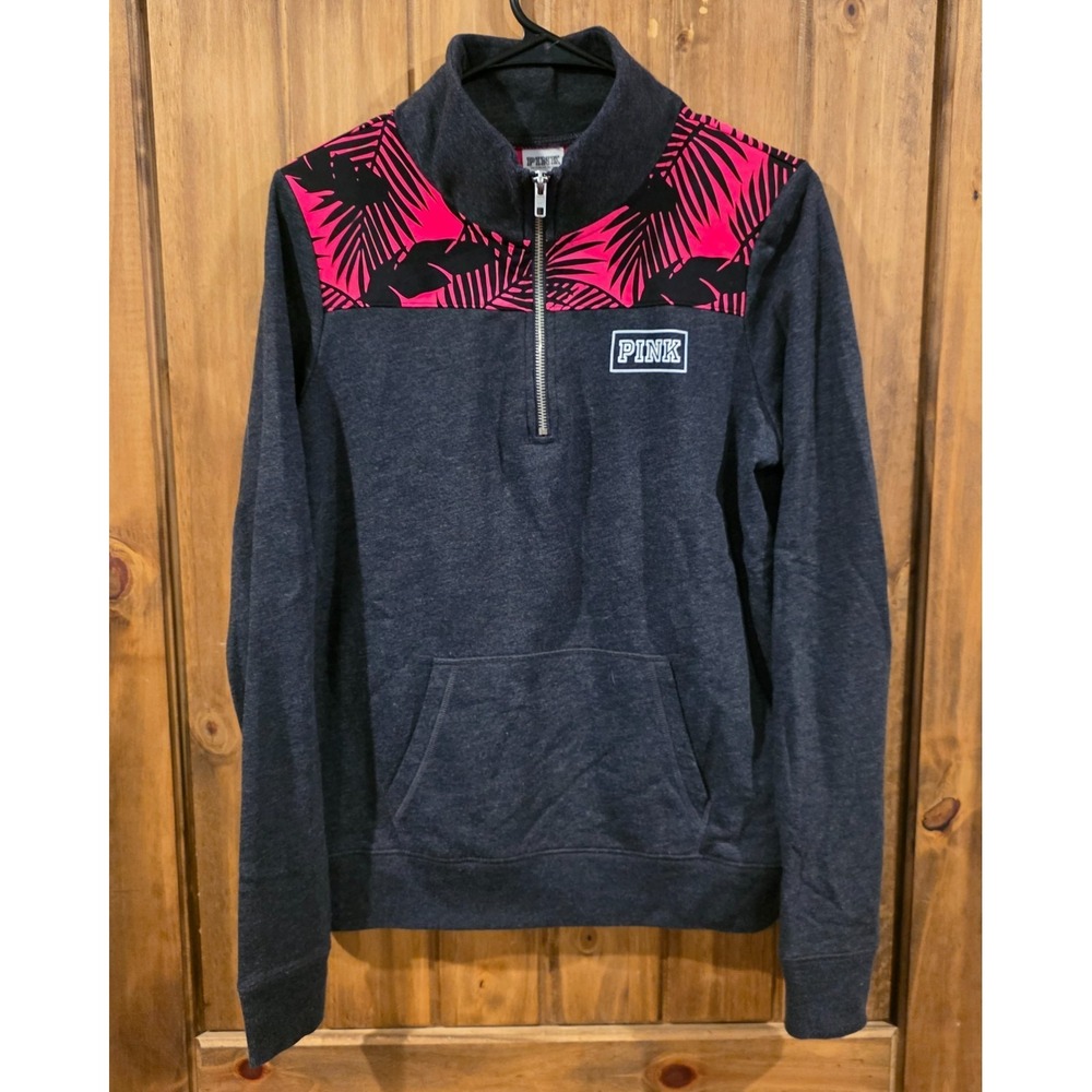 Pink Victoria's Secret Sweatshirt Womens Dark Grey Small 1/4 Zip Tropical Floral